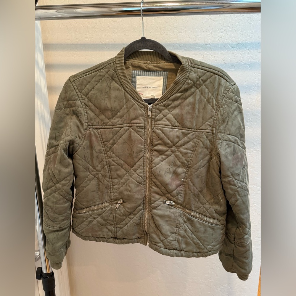 Anthropologie Green floral printed bomber jacket